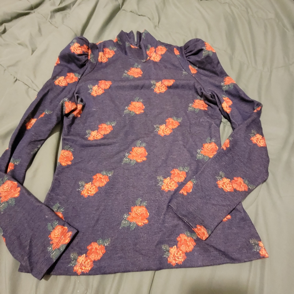 Smythe Navy Top with Red and Green Floral Design